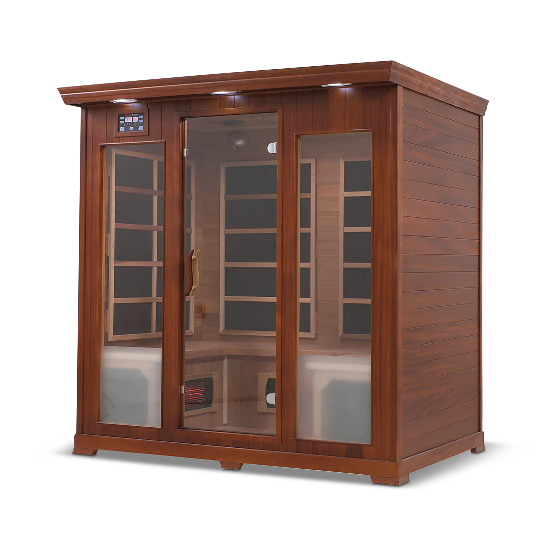 4-person infrared saunas from TheraSauna, Dynamic Saunas, Maxxus, HealthSmart, and Golden Designs.