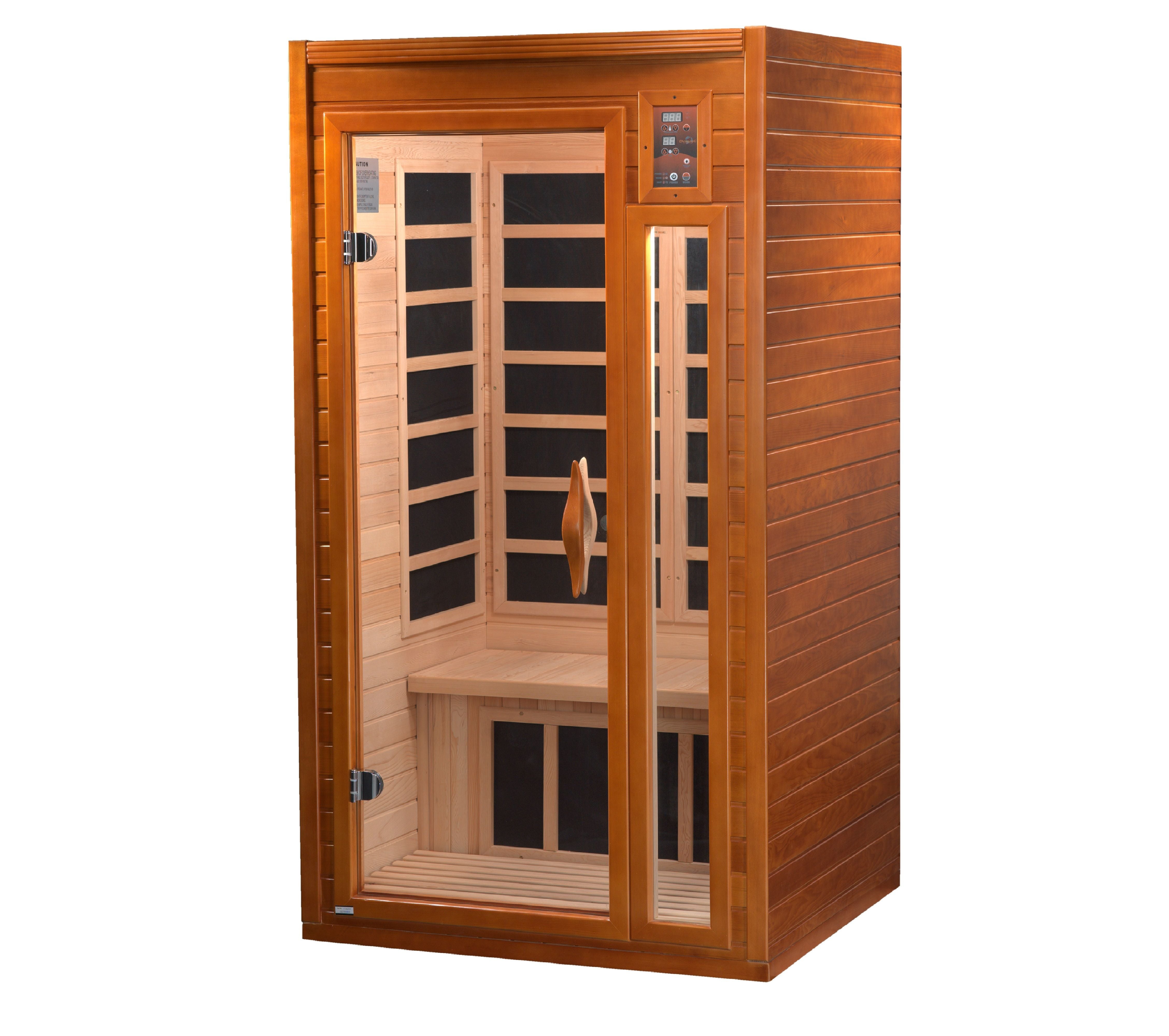 Dynamic Barcelona 1–2 person low EMF FAR infrared sauna made of Canadian hemlock with glass door and interior heating panels